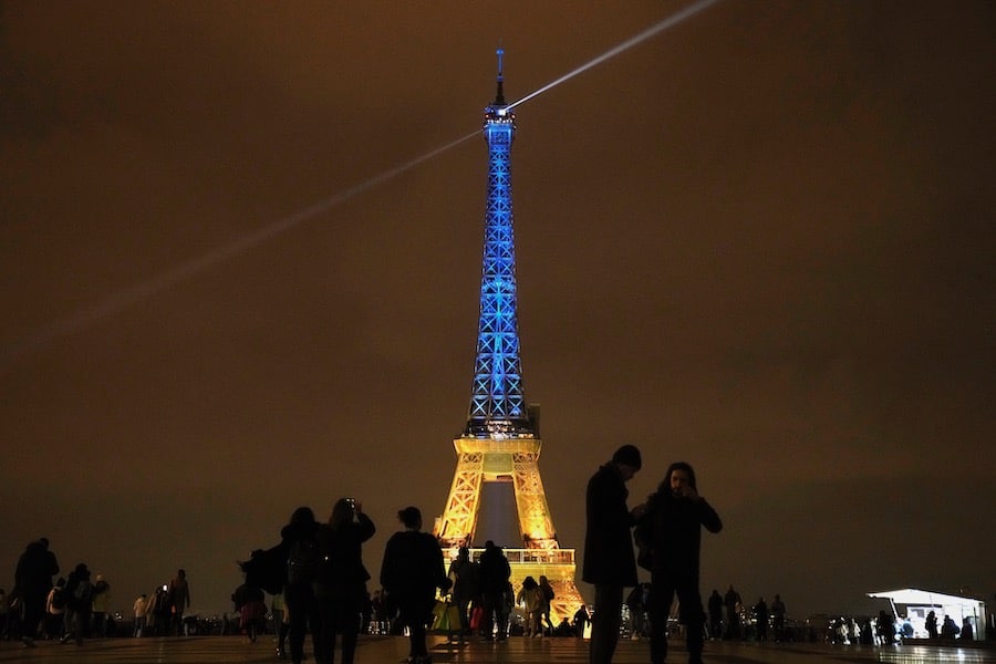 The Eiffel Tower is illuminated with the colors of Ukraine.