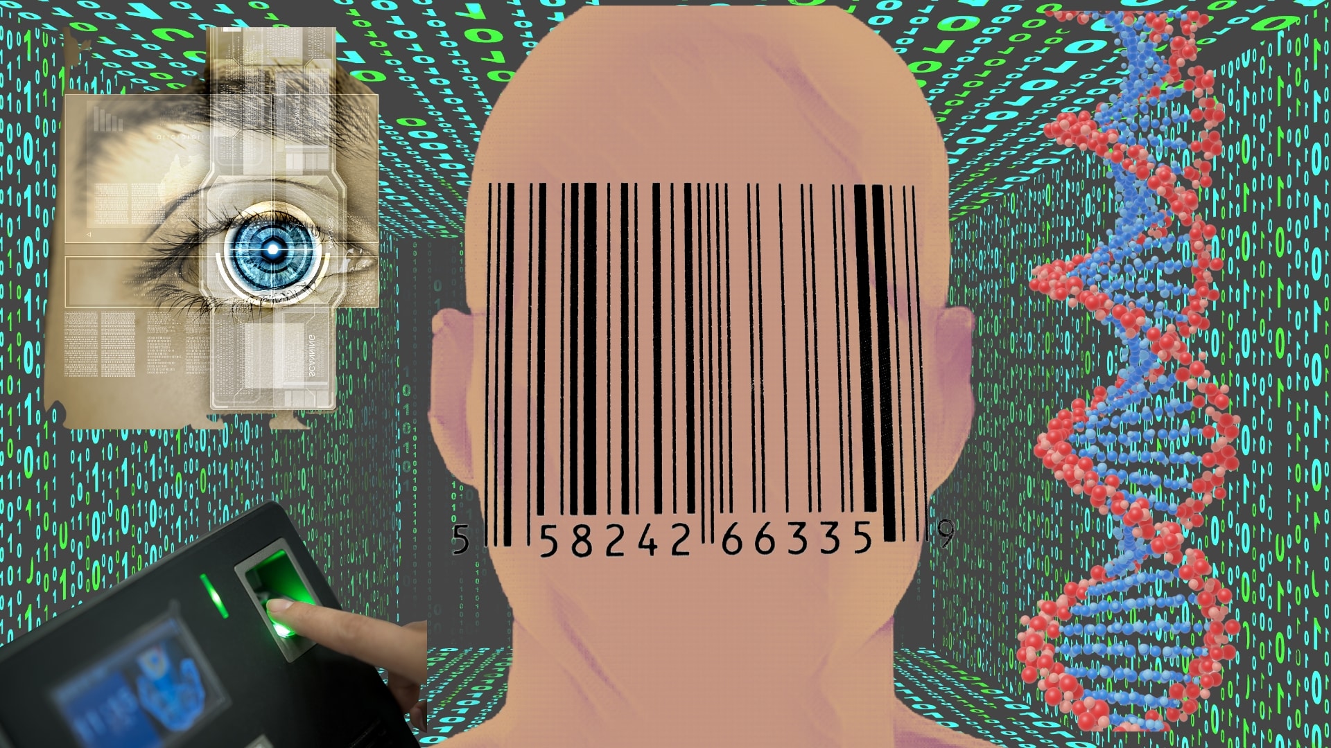 A bar code covers the head of a man while in the back ground code and dna swirl.