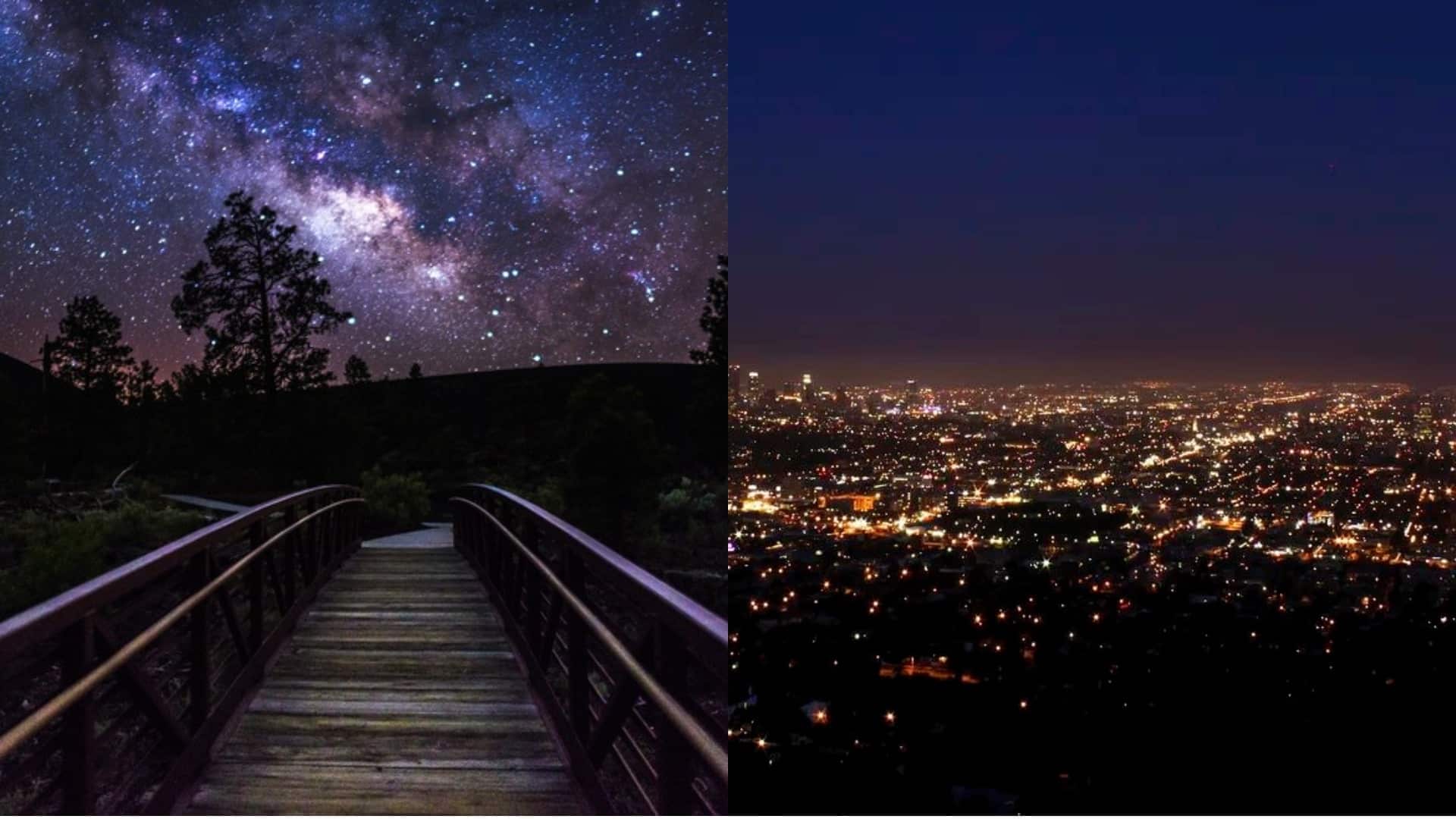 Two sky vistas. A starry night in a dark place and a black night over a lit city.